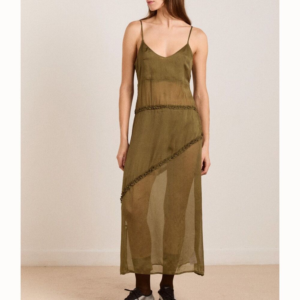 Damson Madder Sasha Ruffle Slip Dress Sheer Sleeveless Scoop Neck S-UK 10 290985